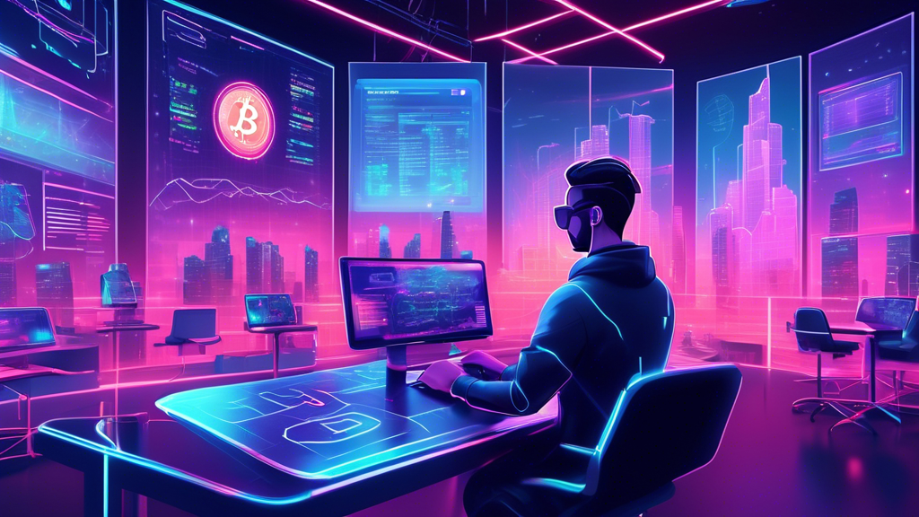 Create an illustration of a futuristic digital marketplace with various floating screens displaying different cryptocurrency trading platforms. Each screen shows unique features such as live price charts, security metrics, user reviews, and diverse crypto assets. The background should have a sleek, high-tech cityscape with glowing neon accents to convey innovation. In the center, a person with a thoughtful expression is using a touchscreen interface, symbolizing the decision-making process in choosing the best crypto trading platform.