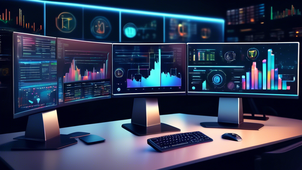 Create an image of a sleek, modern computer workstation with multiple monitors displaying various cryptocurrency charts and graphs. Include a diverse group of people actively engaged in trading activities, using both computers and smartphones. The background should showcase a high-tech office environment with a futuristic design. Highlight the logos of various major cryptocurrencies like Bitcoin, Ethereum, and Ripple visibly on the screens.