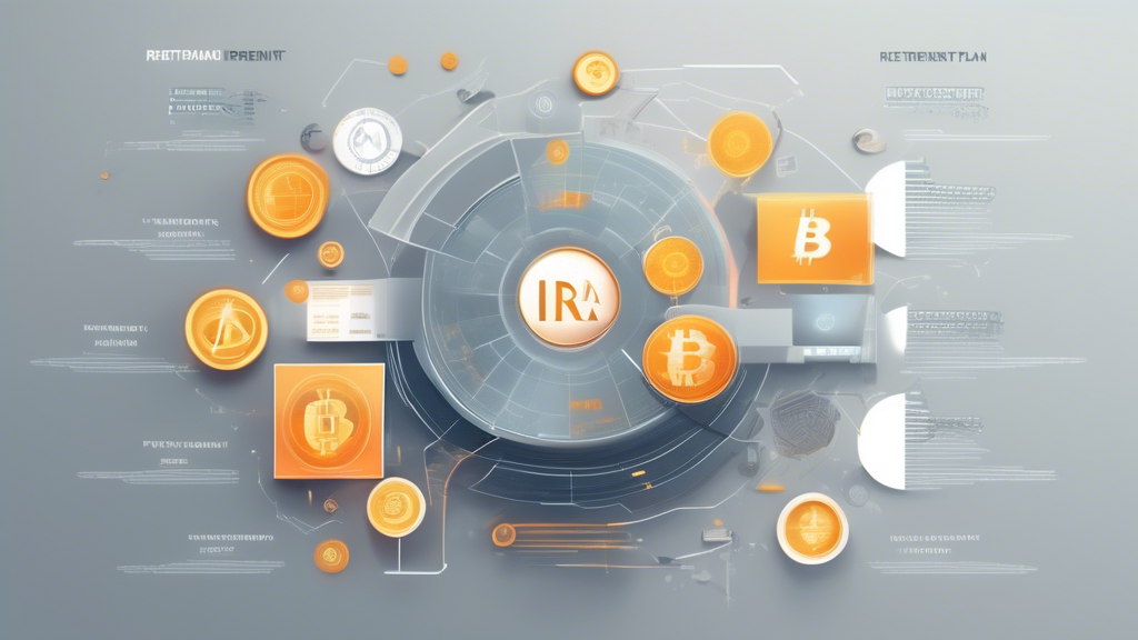 Create an image of a futuristic retirement plan concept, featuring a digital interface with symbols of various cryptocurrencies like Bitcoin and Ethereum integrated into a traditional IRA pie chart. The background should have a blend of modern technology elements like blockchain graphics and secure digital vaults, along with a serene retirement setting such as a beach or a cozy home, symbolizing the stability and future planning.