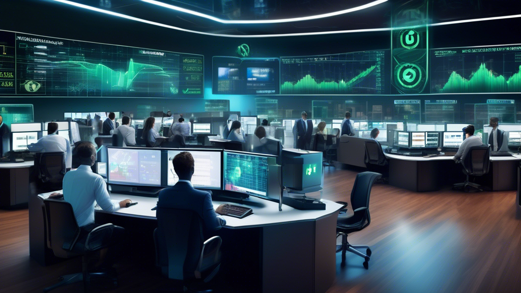 Create an illustrative image of a futuristic financial trading floor, seamlessly blending traditional stock exchange elements with modern cryptocurrency symbols and digital interfaces. Prominently feature the Fidelity Investments logo in the background, with a diverse team of analysts and traders working on holographic screens displaying graphs, charts, and varied crypto assets. The environment should exude trust, sophistication, and innovation to encapsulate the essence of Fidelity's venture into the world of cryptocurrency.