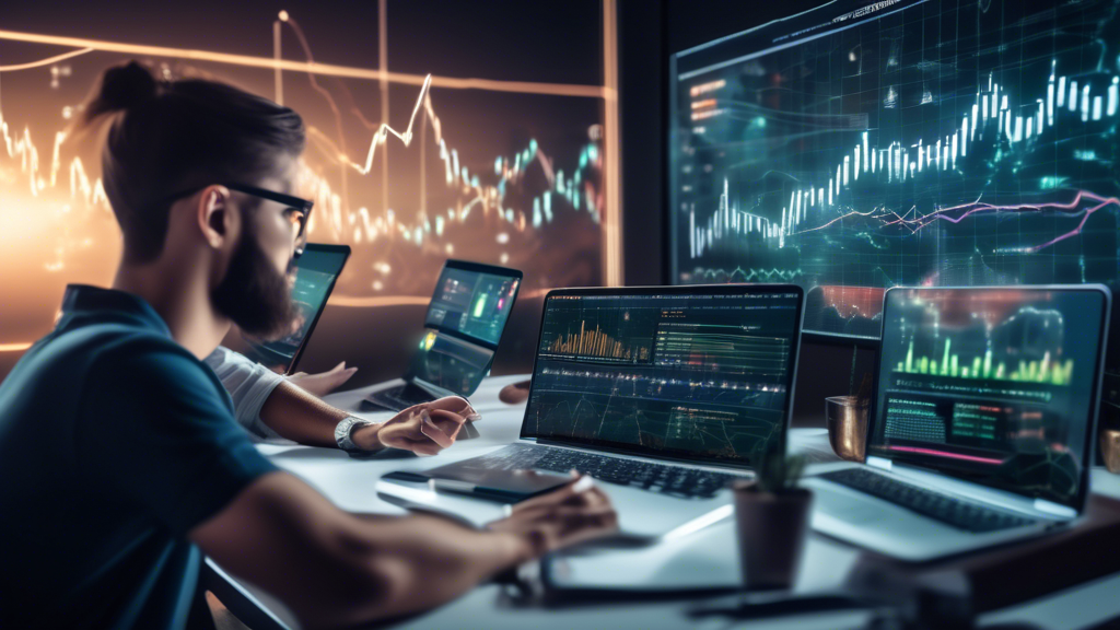 Create an image that visually represents the concept of cryptocurrency investment. Show a diverse group of people studying cryptocurrency charts and data on multiple devices like laptops, tablets, and smartphones in a modern, well-lit room. Include symbols of popular cryptocurrencies like Bitcoin, Ethereum, and Litecoin. On the background, display a growing financial graph to signify investment progress, along with futuristic digital elements that convey the technological aspect of cryptocurrencies.