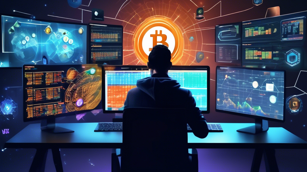 Create an image that features a person sitting at a desk with multiple computer screens, each displaying different cryptocurrency trading platforms. The person appears focused, analyzing charts and information on each screen. Around the person, various icons representing different cryptocurrencies like Bitcoin, Ethereum, and others float, emphasizing the variety of choices. The background includes elements such as digital graphs, security shields, and customer review stars, highlighting key factors like security, performance, and user reviews in choosing a trading platform.