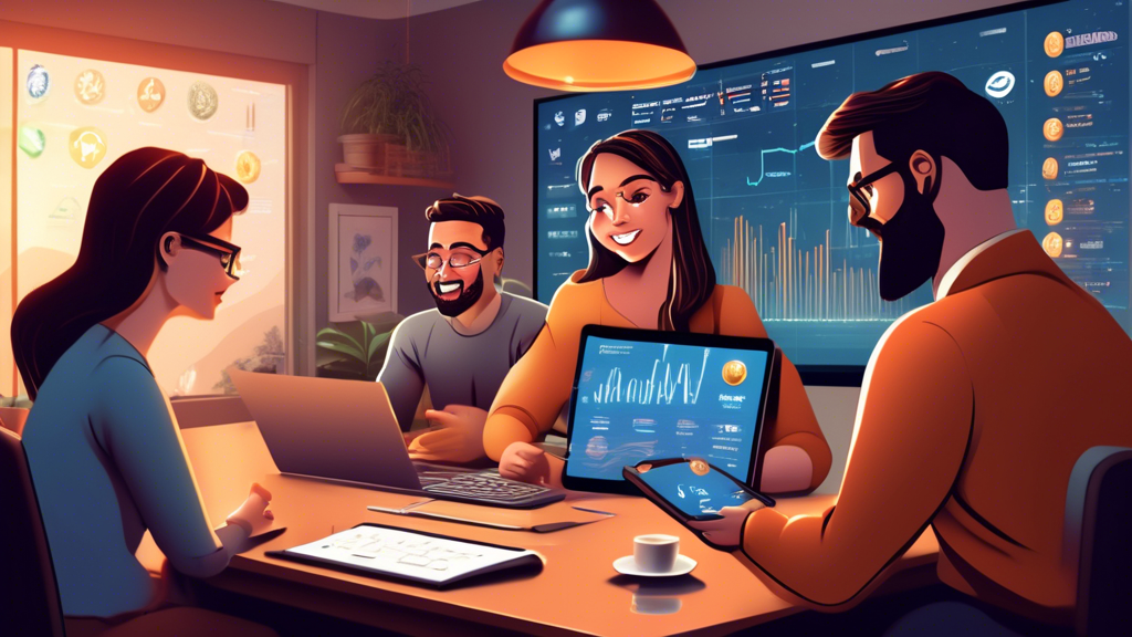 An illustration of a friendly and tech-savvy financial advisor explaining cryptocurrency trading to two beginners. The setting is a modern, cozy office with large screens displaying cryptocurrency charts and trends. The advisor uses a tablet with infographic visuals, while the beginners—one middle-aged woman and a young man—look engaged and curious, holding notepads and smartphones. The atmosphere is both educational and approachable, emphasizing learning and understanding. Include elements like Bitcoin, Ethereum logos, and other popular cryptocurrencies.