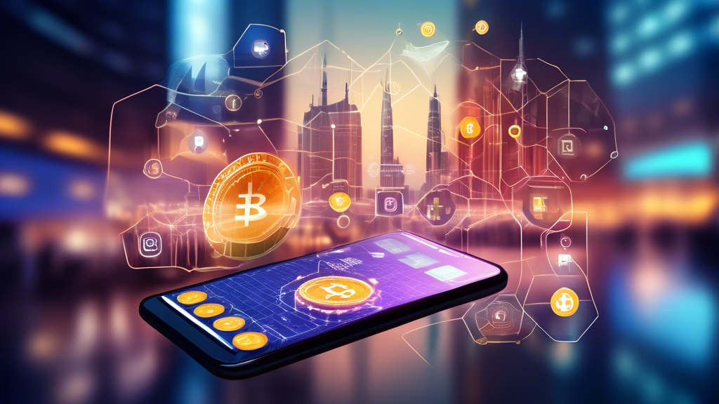 Create an image depicting a smartphone showcasing a secure and user-friendly app interface dedicated to buying and trading cryptocurrency. The background should feature a futuristic cityscape with digital elements like blockchain and cybersecurity symbols, emphasizing safety and efficiency. Icons of popular cryptocurrencies like Bitcoin, Ethereum, and others should be visible on the app screen, alongside features like real-time market graphs and two-factor authentication prompts.