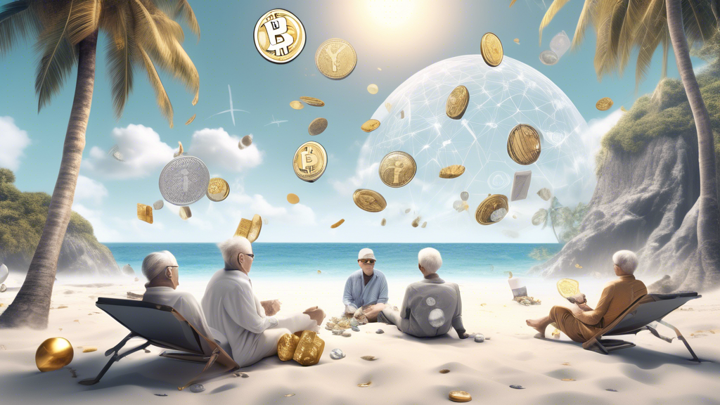 A futuristic retirement scene with a diverse group of people happily relaxing on a tropical beach, while silver and gold cryptocurrency coins float above them in the sky. Digital financial graphs and secure blockchain symbols subtly blend into the background, emphasizing the innovation and potential of Crypto IRAs for secure retirement planning.