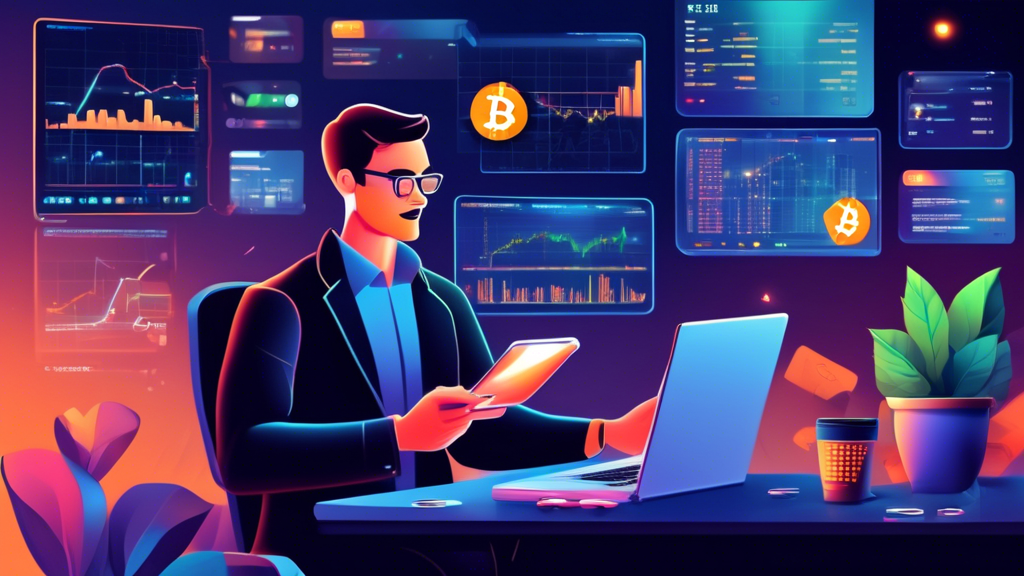 A modern, digital illustration showcasing a confident trader making $100 a day by trading cryptocurrency. The scene features a laptop with a trading platform open, displaying charts and graphs. The background includes popular cryptocurrencies like Bitcoin, Ethereum, and Litecoin symbols. The workspace is minimalistic yet high-tech, with elements like a smartphone, a cup of coffee, and motivational quotes on sticky notes around the desk. The atmosphere is dynamic and vibrant, evoking the fast-paced world of crypto trading.