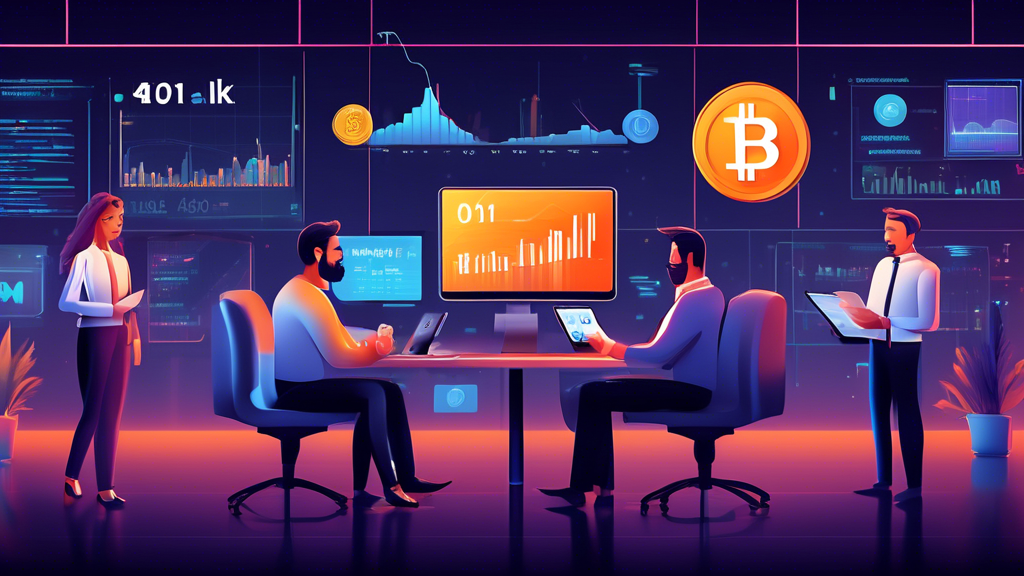 Create an image illustrating the concept of a Crypto 401k: a futuristic office scene where employees discuss their retirement plans. The setting includes digital screens displaying cryptocurrency symbols like Bitcoin, Ethereum, and more. Some employees hold charts and tablets showing rising graphs of their Crypto 401k investments. The backdrop features a modern, sleek office with a mix of traditional and digital finance elements, emphasizing security, growth, and innovation.