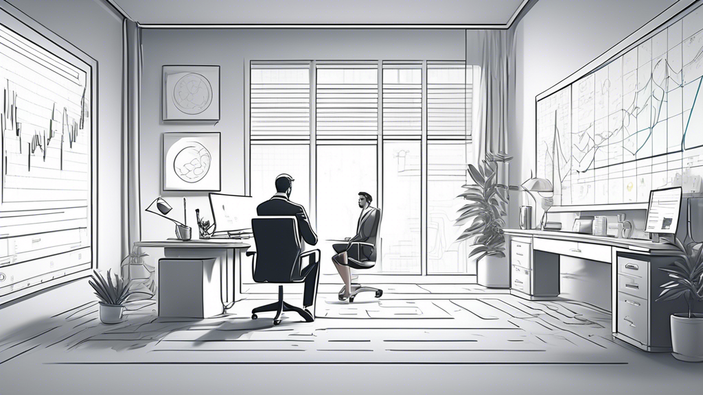 Create an image depicting a modern financial advisor's office where a professional advisor is consulting with a client about their Crypto Roth IRA investment options. The background includes charts and graphs showcasing various cryptocurrencies like Bitcoin, Ethereum, and other altcoins. The atmosphere is professional and engaging, with a focus on modern financial planning and technology.