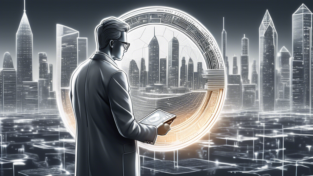 Create an image of a futuristic financial expert examining a glowing digital coin, surrounded by various cryptocurrency symbols, with a sleek, modern city skyline in the background. The scene should convey innovation and cutting-edge technology, symbolizing the excitement and potential of cryptocurrency investment in 2022.