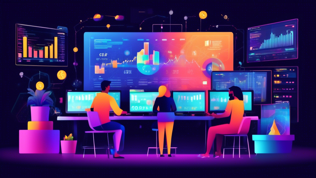 Create an image that illustrates the concept of online crypto trading: A sleek, modern digital interface displaying various cryptocurrency charts and graphs on a high-tech computer screen. In the foreground, a diverse group of people are engaged in trading activities on their laptops and smartphones, each screen showing different crypto exchanges. Surrounding them, vibrant symbols of popular cryptocurrencies like Bitcoin, Ethereum, and Ripple float in the air, creating a dynamic and futuristic atmosphere. The background should feature a world map made of glowing circuits, highlighting the global nature of cryptocurrency trading.