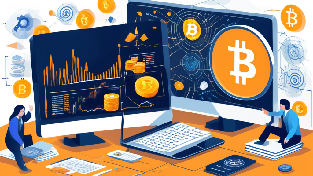 Create an image that visually represents the theme of The Best Way to Invest in Cryptocurrency: A Comprehensive Guide. The image should include elements such as a laptop displaying cryptocurrency charts, a person thoughtfully analyzing data, a diverse range of cryptocurrency symbols (e.g., Bitcoin, Ethereum, Litecoin), and a backdrop of books or documents to represent research and guides. The overall composition should convey the idea of careful analysis, informed decision-making, and thorough understanding in cryptocurrency investment.