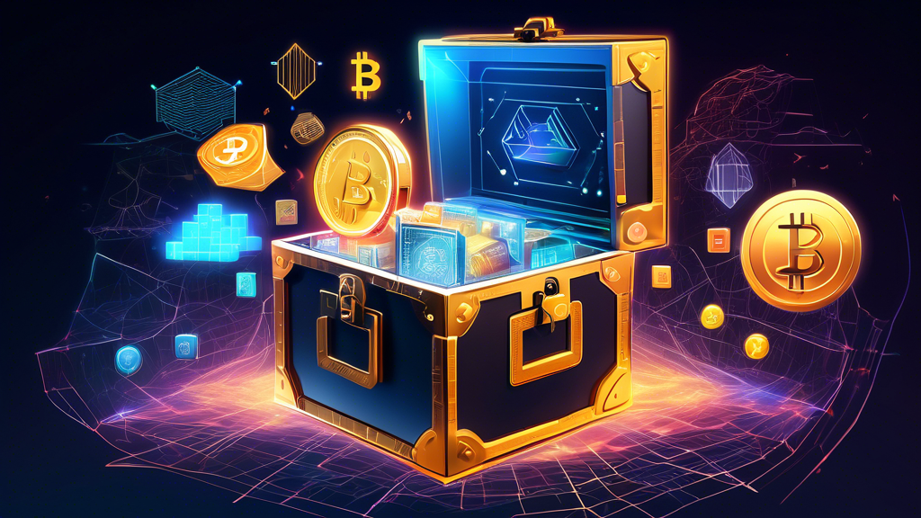 Create an image depicting various popular cryptocurrencies like Bitcoin, Ethereum, and others, represented by their logos and symbols, floating around a digital treasure chest. The treasure chest is open, emitting a glowing light that symbolizes potential wealth. The backdrop is a futuristic digital landscape with circuit lines, graphs and charts indicating market trends, and the year '2022' prominently displayed.