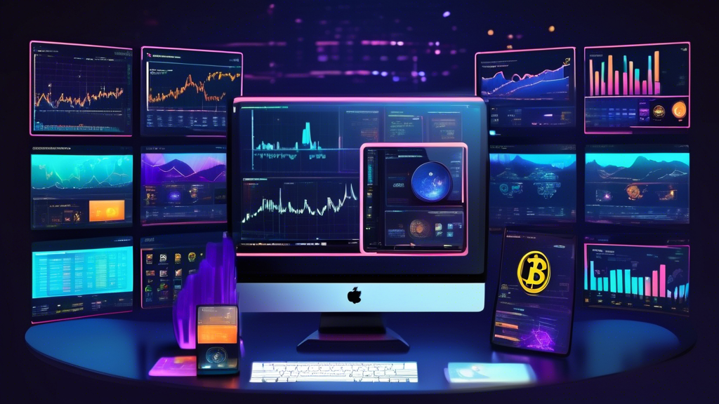 Create an image of a modern, vibrant digital workspace showcasing the top crypto trading platforms on multiple computer screens. Each screen displays a different popular trading platform interface like Binance, Coinbase, and Kraken. Include elements such as charts, graphs, and cryptocurrency logos (Bitcoin, Ethereum, etc.). The background should have a sleek, high-tech feel with hints of blockchain networks and digital currencies to convey the theme of cryptocurrency trading.