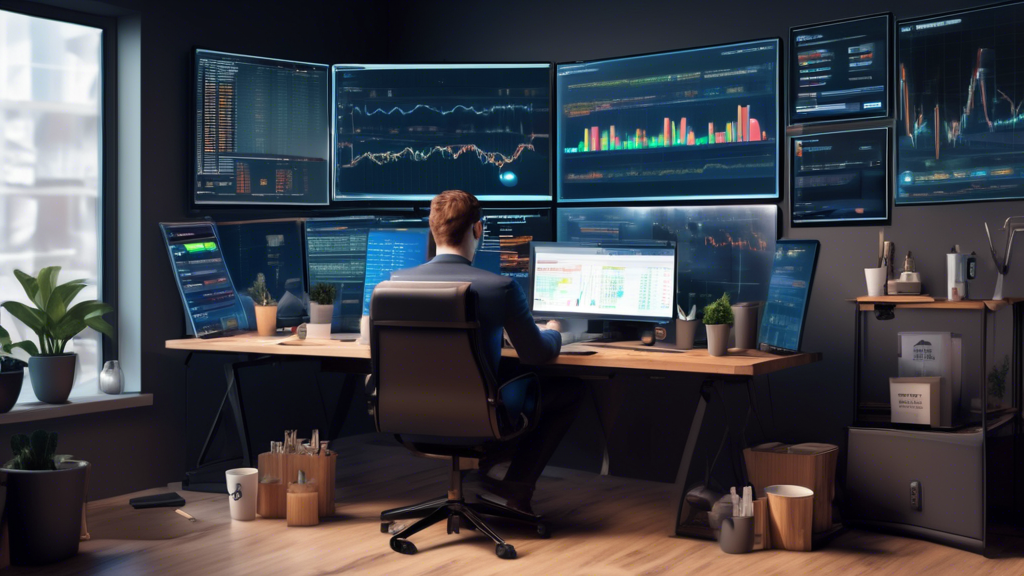 Create an image of a person sitting at a modern desk, comparing different cryptocurrency trading platforms on multiple screens and devices. The scene should feature logos of popular crypto exchanges, a cup of coffee, and a notepad with pros and cons listed. The background should show a sleek, technology-oriented home office with digital charts and graphs on a large monitor, illustrating active market analysis.