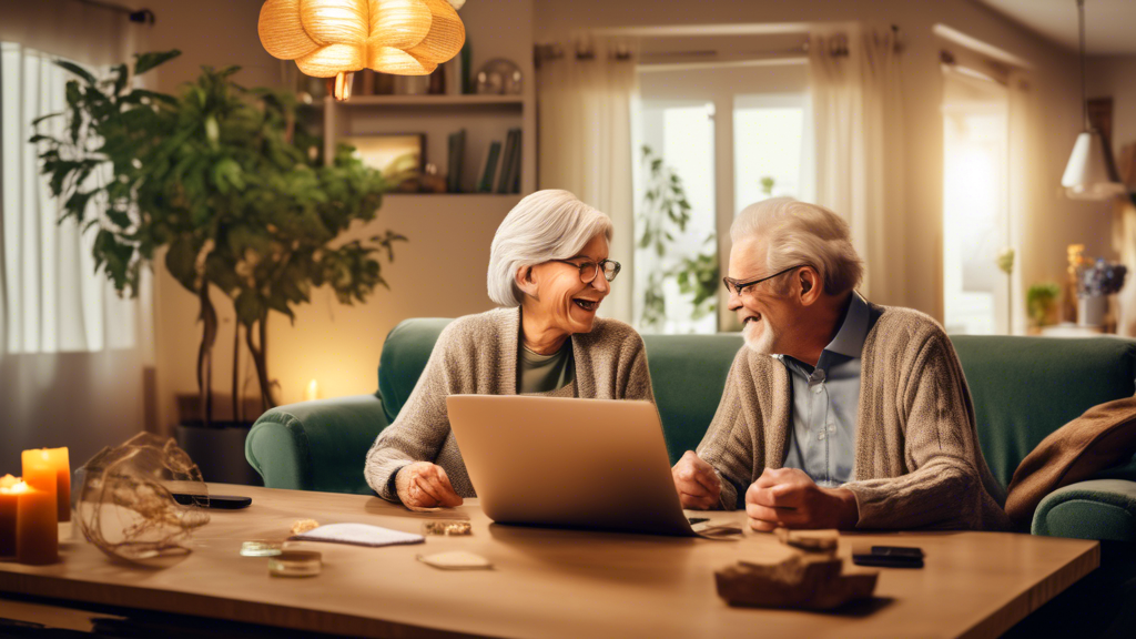 Create an image depicting an older couple joyfully discussing their retirement plans in a cozy living room. On the table in front of them, show a laptop screen displaying the Fidelity logo next to a Crypto IRA dashboard, with a background featuring symbols of popular cryptocurrencies like Bitcoin and Ethereum. In the background, include elements that suggest financial growth, such as a small tree with money instead of leaves and a bookshelf with financial planning books. The atmosphere should be warm, inviting, and optimistic about the future.