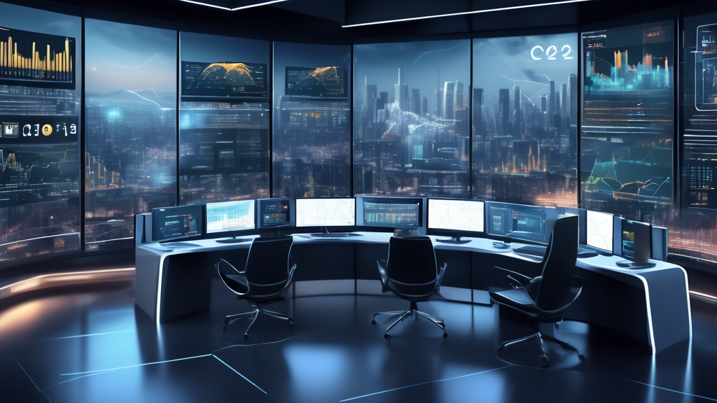 Create an image of a modern, high-tech trading desk with multiple screens displaying various altcoin charts and graphs. Prominently feature popular altcoin logos like Ethereum, Cardano, Solana, and Polkadot, among others. The background should include a futuristic cityscape to emphasize the advanced, forward-looking nature of altcoin investments in 2023.