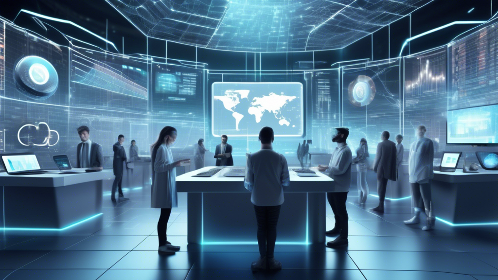 Create an image of a futuristic digital market with a diverse group of people, each using different devices, examining various crypto forex trading platforms. Include holographic displays showcasing different currencies, charts, and analytical tools. The background should have a blend of virtual and real-world elements, symbolizing the merging of technology and finance.