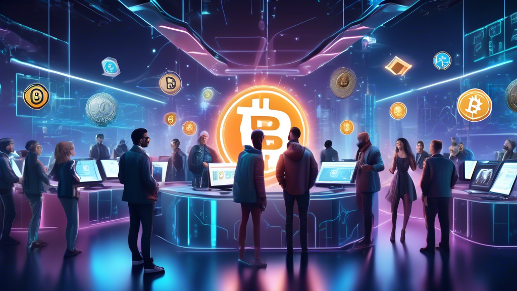 Create an image depicting a futuristic scene in 2024 where a diverse group of individuals are safely and securely buying cryptocurrency. The setting is a modern, tech-savvy environment with high-tech gadgets and digital interfaces, showcasing elements of cybersecurity like digital locks and encryption symbols floating around. Include various cryptocurrencies symbols such as Bitcoin, Ethereum, and others appearing as holograms. The atmosphere should be optimistic and forward-thinking, emphasizing safety and ease in the process of purchasing crypto.