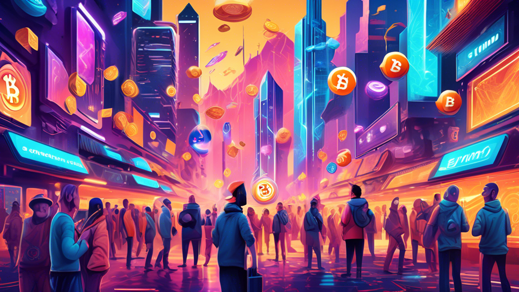 Create an imaginative and vibrant digital art piece featuring a futuristic cityscape where various cryptocurrencies are personified as characters interacting in a bustling marketplace. Each character represents a popular cryptocurrency, showcasing unique symbols or features that hint at their identity. The scene should include elements of technology, innovation, and a sense of excitement and optimism, reflecting the theme of emerging investment opportunities in the world of digital currency.