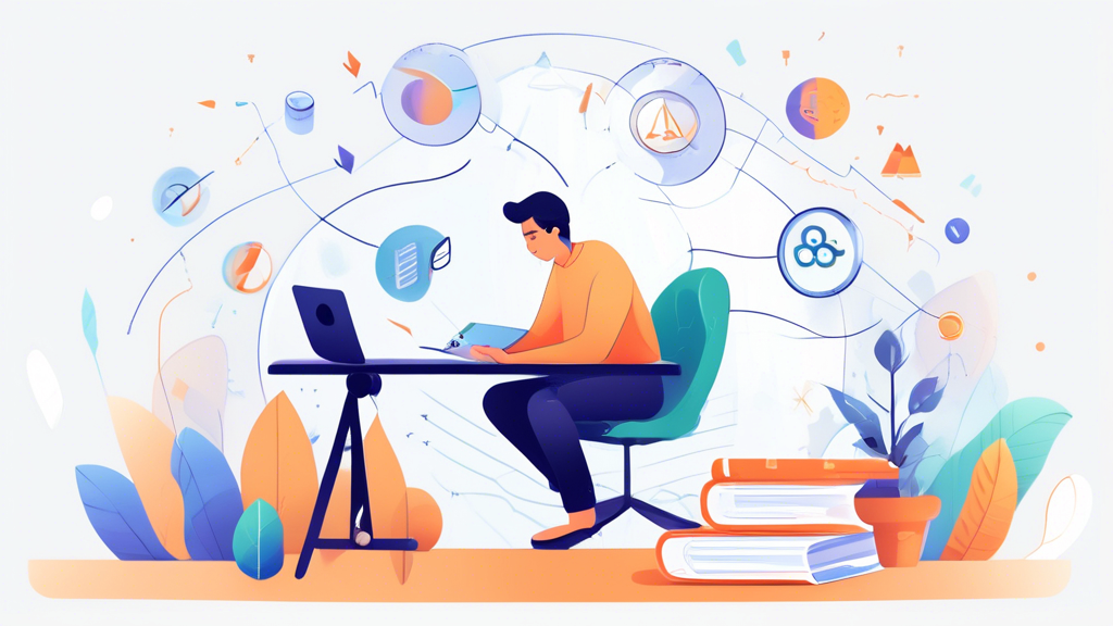 Create an illustration that visually represents a beginner-friendly guide to Luno Trade Investment. The image should feature a person sitting at a desk with a laptop displaying the Luno platform, surrounded by symbols of growth and learning, such as arrows trending upwards, books, and a magnifying glass. Include a serene background to convey a sense of calm and focus, with subtle hints of digital currency symbols to emphasize the investment theme.