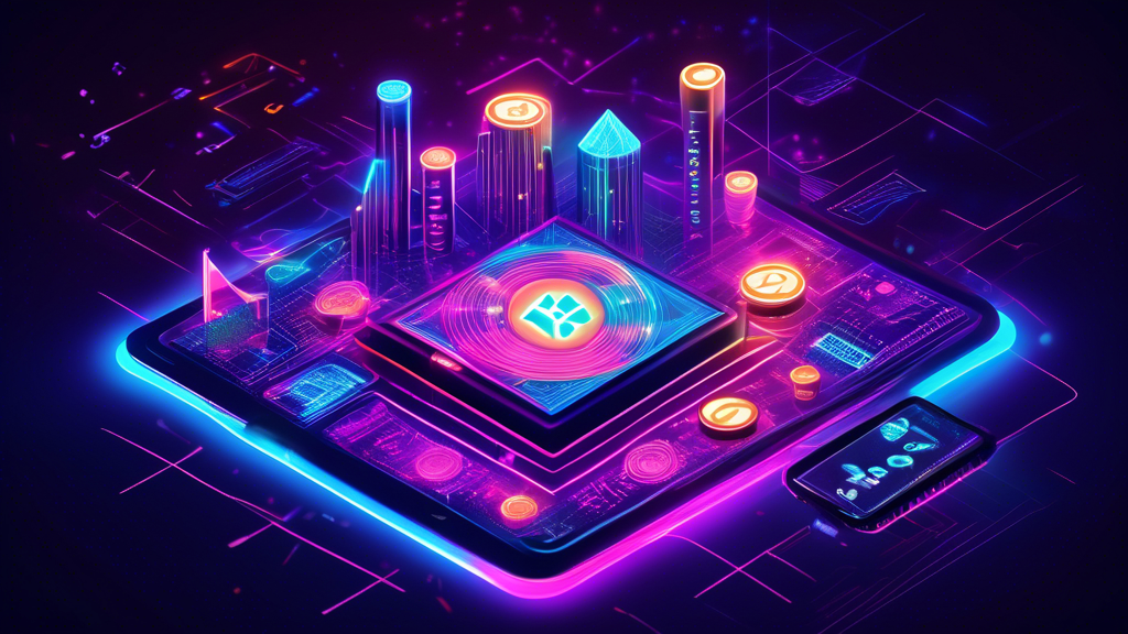 Create an illustration of a futuristic financial landscape where digital assets and cryptocurrencies are visually represented as interconnected neon circuits. In the center, an ETF (Exchange Traded Fund) symbol is glowing brightly, surrounded by digital coins, like Bitcoin and Ethereum. Include elements of traditional finance, such as stock market charts and graphs in the background, blending seamlessly with the digital theme. Add Fidelity's logo subtly integrated into the circuits, symbolizing their venture into the crypto ETF market. The overall tone should be innovative and optimistic, reflecting the new era of investment.