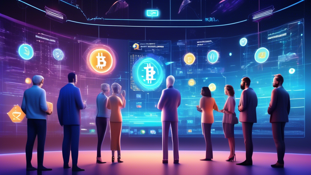 Create an image depicting a futuristic scene where a diverse group of individuals are gathered around a large digital screen displaying a 401k retirement plan with various cryptocurrency symbols and graphs integrated into it. The setting should be modern and sleek, with elements of technology like holograms and digital interfaces. Each person is thoughtfully engaging with the crypto portfolio, showing a blend of curiosity and strategy in planning their financial future. The environment should convey a sense of innovation and evolution in financial planning.