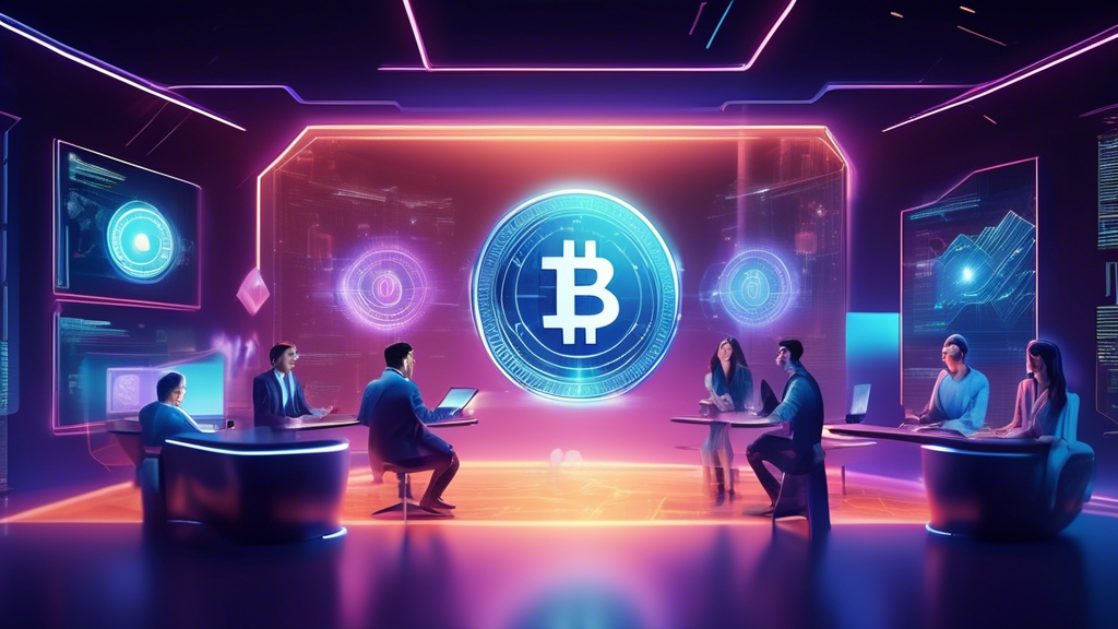 Create an image depicting futuristic, high-tech cryptocurrency investment platforms. The scene should include digital interfaces displayed as holograms, with symbols of popular cryptocurrencies like Bitcoin, Ethereum, and Ripple floating in the air. The setting should have a sleek, modern design, suggesting a virtual headquarters that embodies cutting-edge technology. Include diverse professionals engaging with the holographic interfaces, analyzing data, and making transactions. The atmosphere should radiate innovation, technology, and finance, representing a glimpse into the world of cryptocurrency investments in 2024.